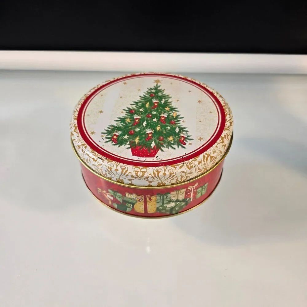 Christmas Holiday Round Cookie Candy Tin Empty Gift Box